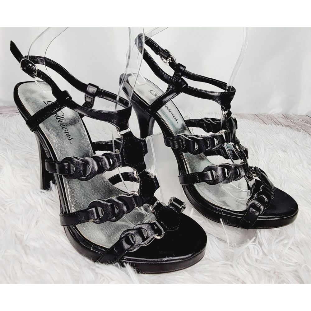 Faux Leather Gladiator Strappy Black "Chain" Heels by Delicious - Size 8